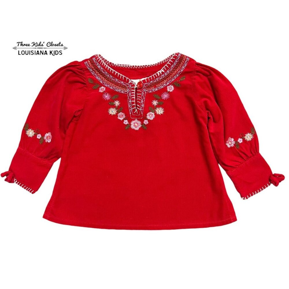 BT Kids 2T Red Corduroy Floral Embroidered Top